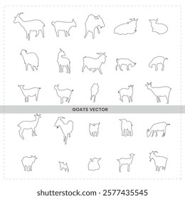 Simple line drawings goats in various poses minimalist animal sketches black and white illustration diverse goat breeds  side view and profile outlines continuous line art.