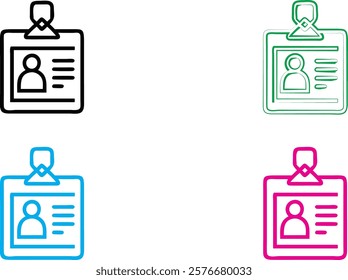 Simple line drawings, ID badges, employee cards, identification tags, lanyard attachments, colorful icons, minimalist design, black green blue pink outlines, transparent background, corporate symbols,