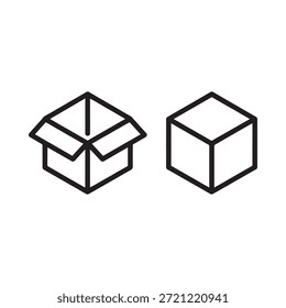 Desenhos de linha simples de uma caixa de papelão aberta e um cubo fechado