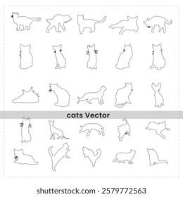 Simple line drawings, silhouettes, various poses, minimalist cat sketches, black and white illustrations, feline outlines, shapes, vector art style