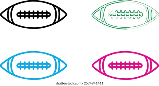 Simple line drawings, stylized American footballs, minimalist sports icons, four color variations, black white blue pink, outlined rugby ball shapes, geometric sports symbols, clean vector graphics, f