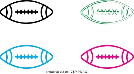 Simple line drawings, stylized American footballs, minimalist sports icons, four color variations, black white blue pink, outlined rugby ball shapes, geometric sports symbols, clean vector graphics, f