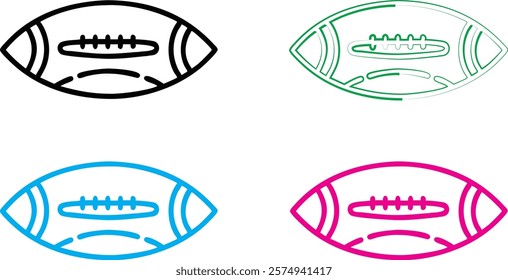 Simple line drawings, stylized American footballs, minimalist sports icons, four color variations, black white blue pink, outlined rugby ball shapes, geometric sports symbols, clean vector graphics, f