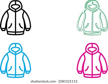 Simple line drawings, stylized jacket icons, winter coats, minimalist design, vector graphics, four color variations, white background, black blue green pink outlines, zipper details, clothing illustr