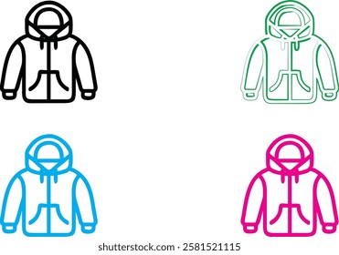 Simple line drawings, stylized jacket icons, winter coats, minimalist design, vector graphics, four color variations, white background, black blue green pink outlines, zipper details, clothing illustr