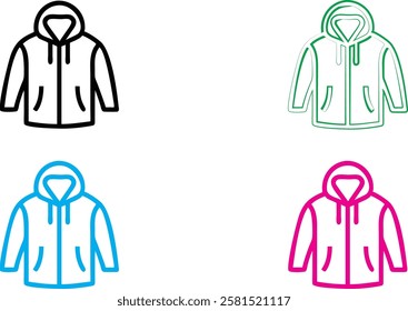 Simple line drawings, stylized jacket icons, winter coats, minimalist design, vector graphics, four color variations, white background, black blue green pink outlines, zipper details, clothing illustr