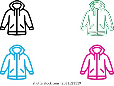 Simple line drawings, stylized jacket icons, winter coats, minimalist design, vector graphics, four color variations, white background, black blue green pink outlines, zipper details, clothing illustr