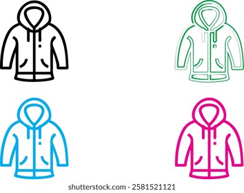 Simple line drawings, stylized jacket icons, winter coats, minimalist design, vector graphics, four color variations, white background, black blue green pink outlines, zipper details, clothing illustr