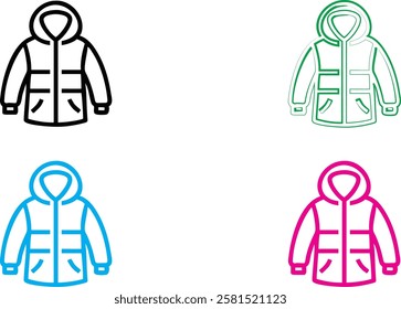 Simple line drawings, stylized jacket icons, winter coats, minimalist design, vector graphics, four color variations, white background, black blue green pink outlines, zipper details, clothing illustr