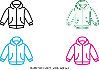 Simple line drawings, stylized jacket icons, winter coats, minimalist design, vector graphics, four color variations, white background, black blue green pink outlines, zipper details, clothing illustr