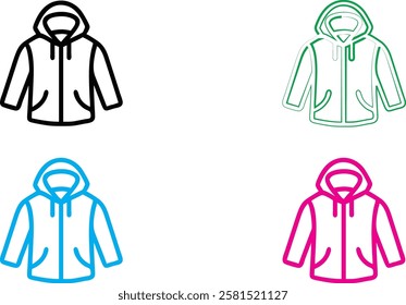 Simple line drawings, stylized jacket icons, winter coats, minimalist design, vector graphics, four color variations, white background, black blue green pink outlines, zipper details, clothing illustr