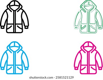 Simple line drawings, stylized jacket icons, winter coats, minimalist design, vector graphics, four color variations, white background, black blue green pink outlines, zipper details, clothing illustr