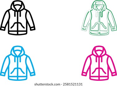 Simple line drawings, stylized jacket icons, winter coats, minimalist design, vector graphics, four color variations, white background, black blue green pink outlines, zipper details, clothing illustr