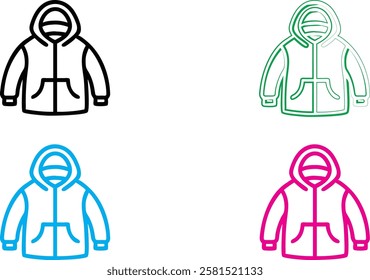 Simple line drawings, stylized jacket icons, winter coats, minimalist design, vector graphics, four color variations, white background, black blue green pink outlines, zipper details, clothing illustr