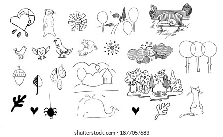 Simple line drawings. The sun. Forest. Nature. Love. Beaver. Flora. Cats. Beetles. Plants. Trees. Animals. Vector drawing of the sun. Freehand drawing. Black and white drawing