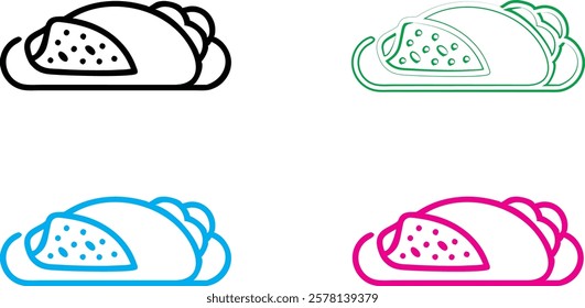 Simple line drawings, taco icons, minimalist food illustrations, colorful outlines, Mexican cuisine symbols, geometric food designs, flat vector graphics, stylized tacos, four-color palette, abstract 