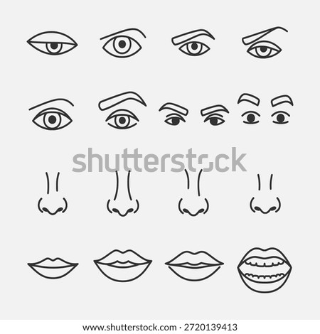 Simple line drawings of various facial features including eyes, eyebrows, noses, and lips on a white background.