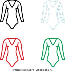 Simple line drawings, women's bodysuits, leotards, V-neck design, long sleeves, minimalist outlines, black red green and light blue colors, graphic illustration style, fashion sketch, athletic wear, d