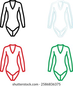 Simple line drawings, women's bodysuits, leotards, V-neck design, long sleeves, minimalist outlines, black red green and light blue colors, graphic illustration style, fashion sketch, athletic wear, d