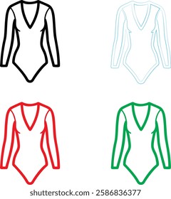 Simple line drawings, women's bodysuits, leotards, V-neck design, long sleeves, minimalist outlines, black red green and light blue colors, graphic illustration style, fashion sketch, athletic wear, d