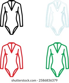 Simple line drawings, women's bodysuits, leotards, V-neck design, long sleeves, minimalist outlines, black red green and light blue colors, graphic illustration style, fashion sketch, athletic wear, d