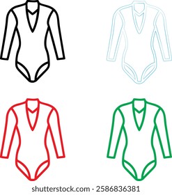 Simple line drawings, women's bodysuits, leotards, V-neck design, long sleeves, minimalist outlines, black red green and light blue colors, graphic illustration style, fashion sketch, athletic wear, d