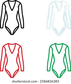 Simple line drawings, women's bodysuits, leotards, V-neck design, long sleeves, minimalist outlines, black red green and light blue colors, graphic illustration style, fashion sketch, athletic wear, d