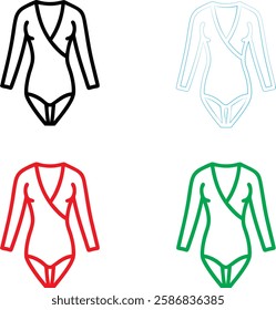 Simple line drawings, women's bodysuits, leotards, V-neck design, long sleeves, minimalist outlines, black red green and light blue colors, graphic illustration style, fashion sketch, athletic wear, d