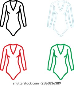 Simple line drawings, women's bodysuits, leotards, V-neck design, long sleeves, minimalist outlines, black red green and light blue colors, graphic illustration style, fashion sketch, athletic wear, d