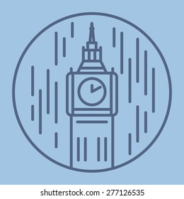 simple line drawn illustration of london big ben tower in rain icon