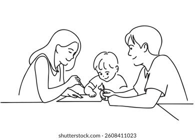 Simple Line Family Paper Activity together. A minimalist illustration of a family of four engaged in a paper-based activity together at a table.