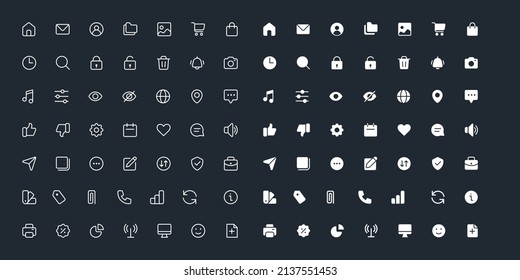 Simple line and fill icons set on black background.