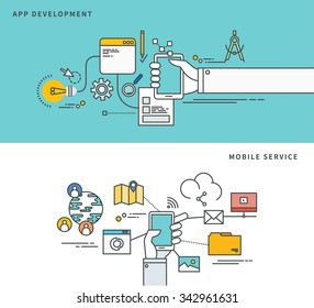 simple line flat design of app development & mobile service, modern vector illustration. 