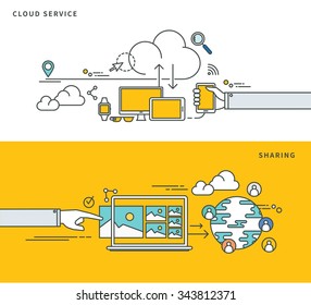 Simple Line Flat Design Of Cloud Service & Sharing, Modern Vector Illustration