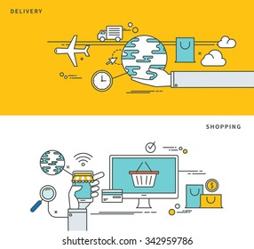 simple line flat design of delivery & shopping, modern vector illustration