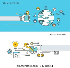 simple line flat design of social network & mobile business, modern vector illustration.