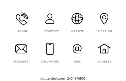 Simple line flat set of contact communication related vector icons. Contains such icons as call, meeting, location, internet,  web, agreement, chat, home, message, phone, mail, address