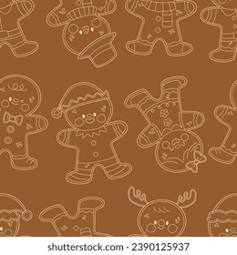 Simple line gingerbread character seamless pattern. Winter season happy christmas and new year background, wallpaper, wrapping paper, textile design, printable