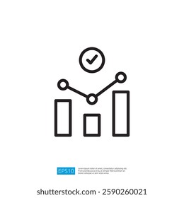 a simple line graph with bars and a checkmark above, representing data analysis or performance metrics. Illustration icon