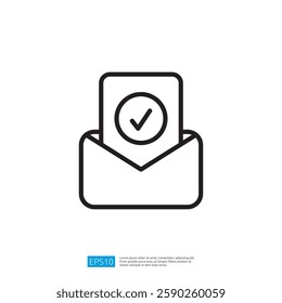 A simple line graphic illustration of an envelope with a checked document inside, symbolizing message confirmation or approval. Illustration icon