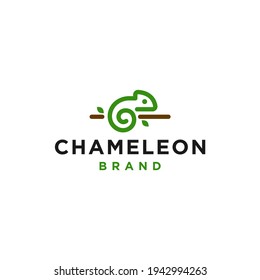 Simple line green chameleon on a tree branch logo icon design vector in trendy minimal outline style, abstract outline symbol