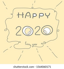 simple line hand drawn happy new year 2020 card with two hamster mouses on yellow shade background