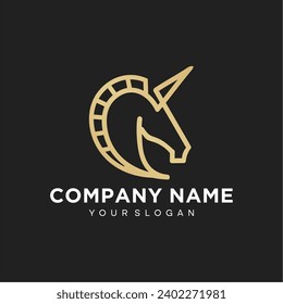simple line horse unicorn Pegasus with horn logo design icon Vector in luxury gold color frame