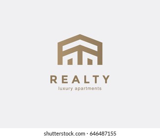 Simple line house symbol, icon. Premium logo design template for Company. Building emblem. Vector illustration.
