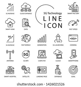 Simple Line Icon About 5G, Internet Of Things(IOT)  Technology. Include Smart Factory, Wifi,network,cloud And More