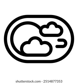 Ícone de linha simples de uma janela de avião mostrando o sol e as nuvens durante um voo