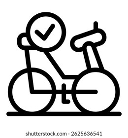 Simple line icon of a bicycle with a check mark, representing a bike sharing service and availability