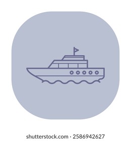 Simple line icon of boat cruising on water, symbolizing travel. Boat with multiple cabins and flag atop, suitable for various travel-related themes