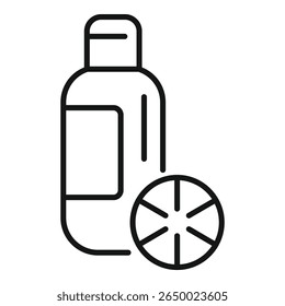 Simple line icon of a bottle with a citrus fruit, representing a product containing essential oils