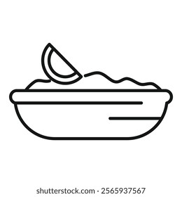 Simple line icon of a bowl brimming with guacamole and garnished with a fresh lime wedge